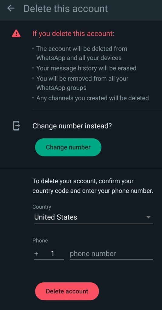 WhatsApp "Delete this account" - entering phone number