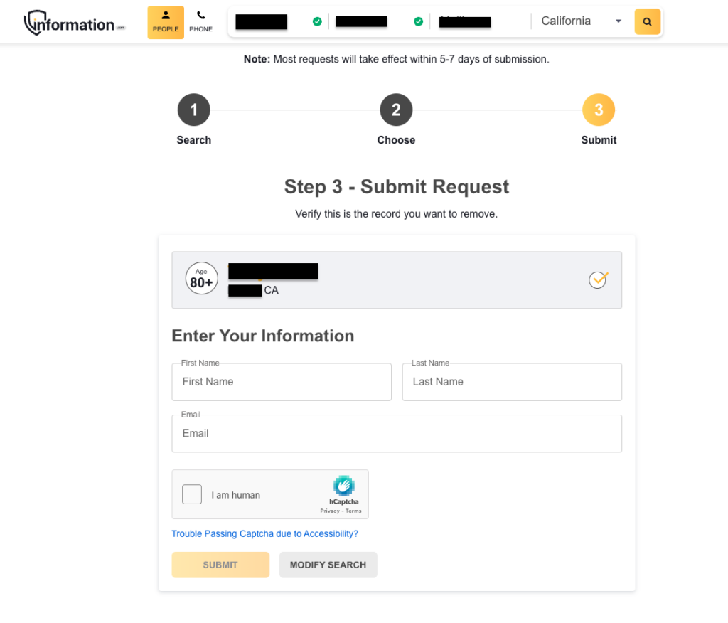 Information.com 'Do Not Sell or Share my Personal Information' submit request screen