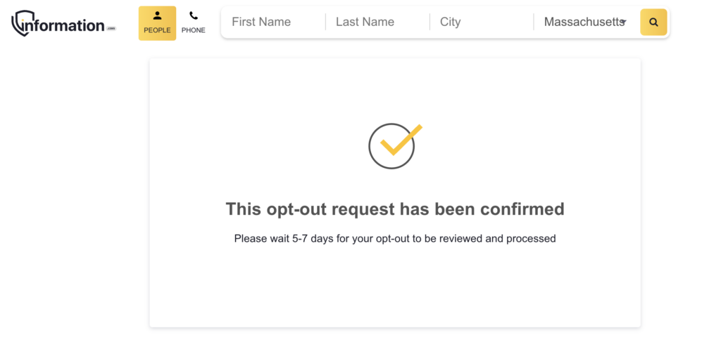 Information.com "This opt-out request has been confirmed" message
