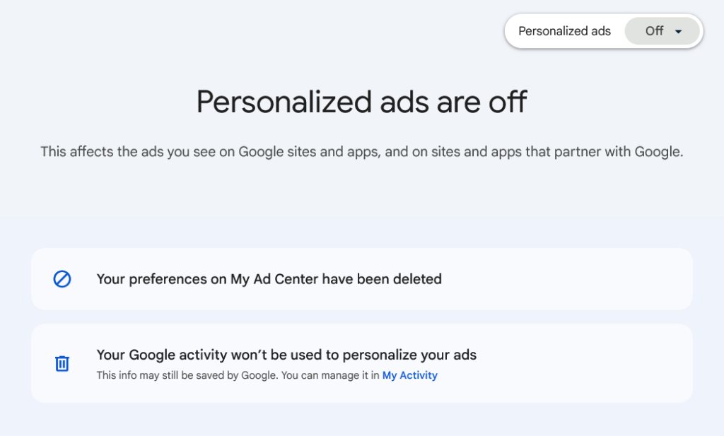 Google Ad Center - personalized ads are off