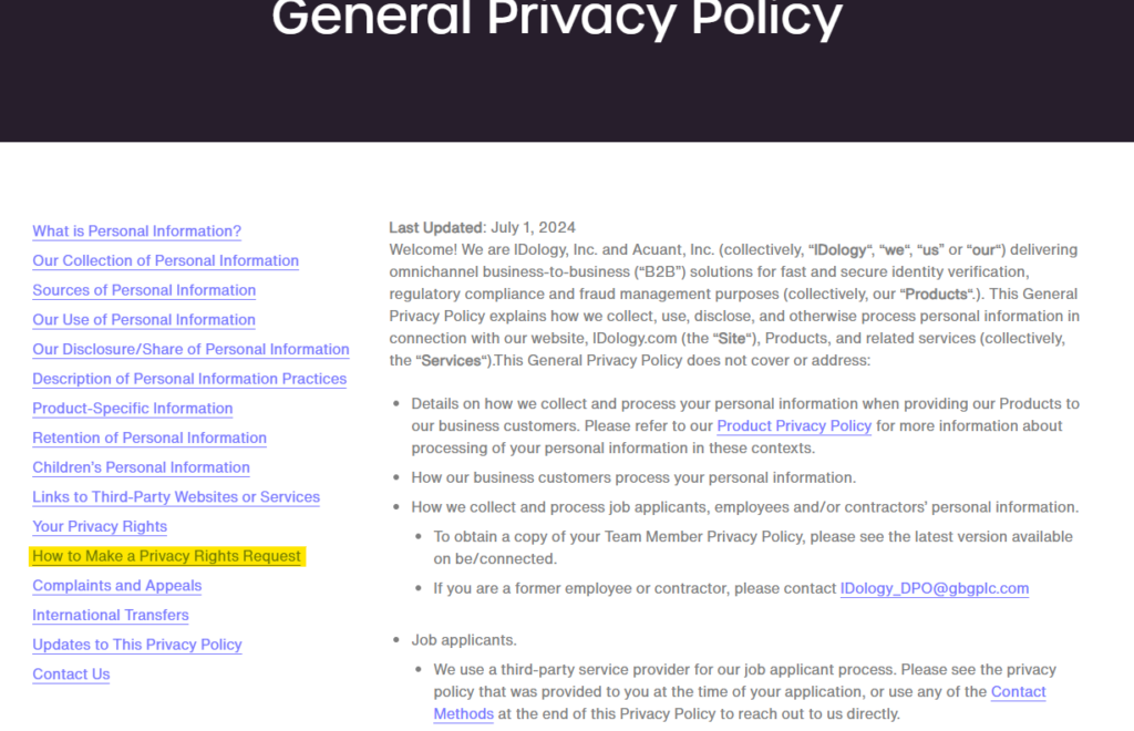 Acuant privacy policy and link to the section on how to make a privacy rights request