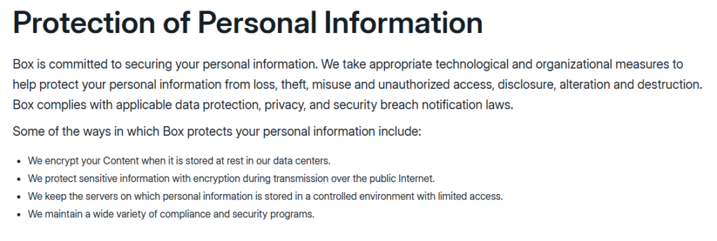Box.com 'Protection of Personal Information'