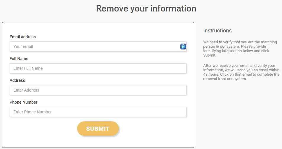 Checksecrets 'Remove your information' form