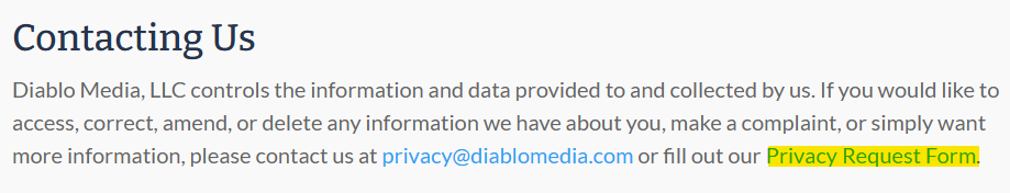 DiabloMedia 'Contacting Us' section and link to privacy request form