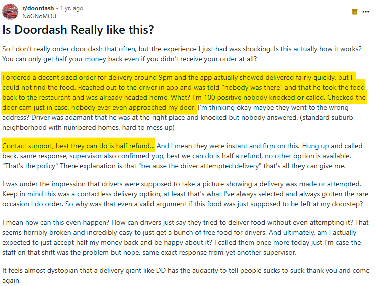 DoorDash Reddit post