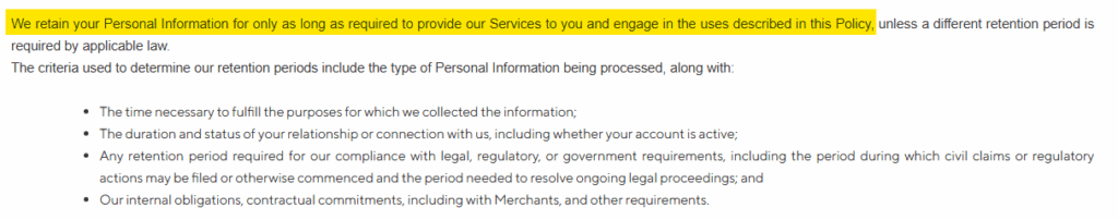 Information on how long DoorDash retains your data