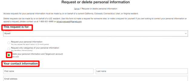 Target privacy form - request or delete personal information