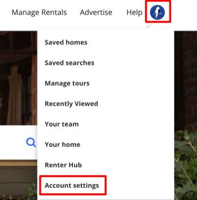 Zillow account profile and account settings link