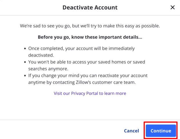 Zillow deactivate account information page and "Continue" button