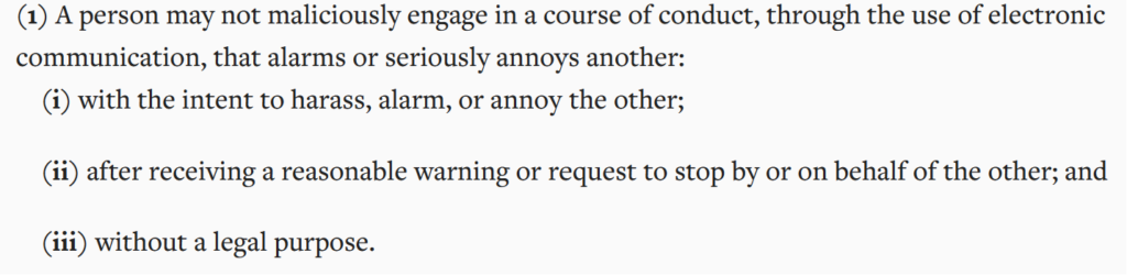 Maryland Criminal Law Code Section 3-805 - misuse of electronic communication