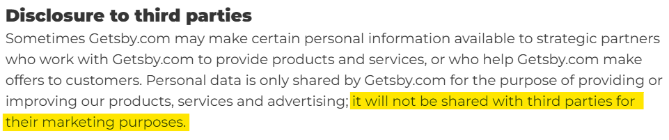 Getsby information about disclosure to third parties