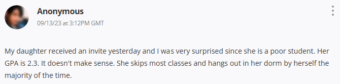 Comment about NSLS from an anonymous user saying her daughter was invited to join NSLS despite her poor grades