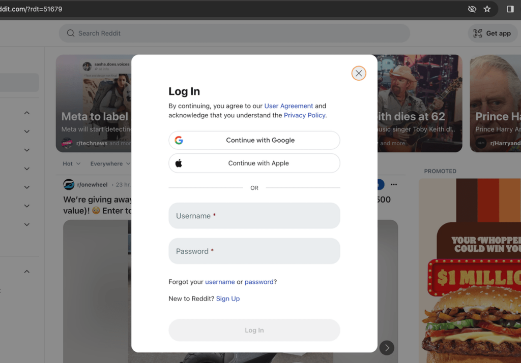 Reddit log in