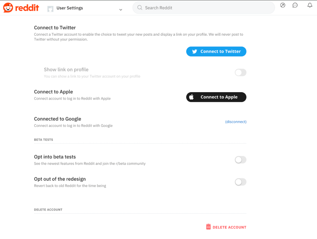 Reddit user settings