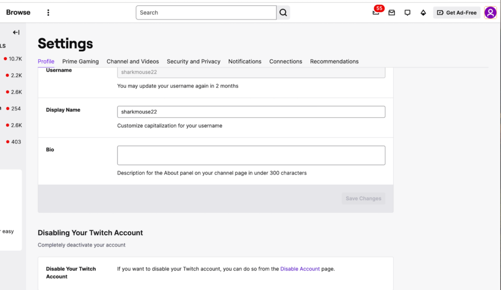 Twitch settings