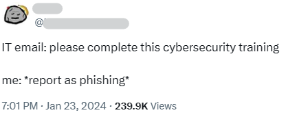 Twitter/X post - IT email reported as phishing
