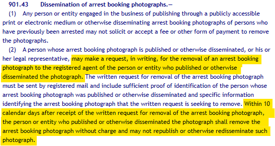 Florida dissemination of arrest booking photographs