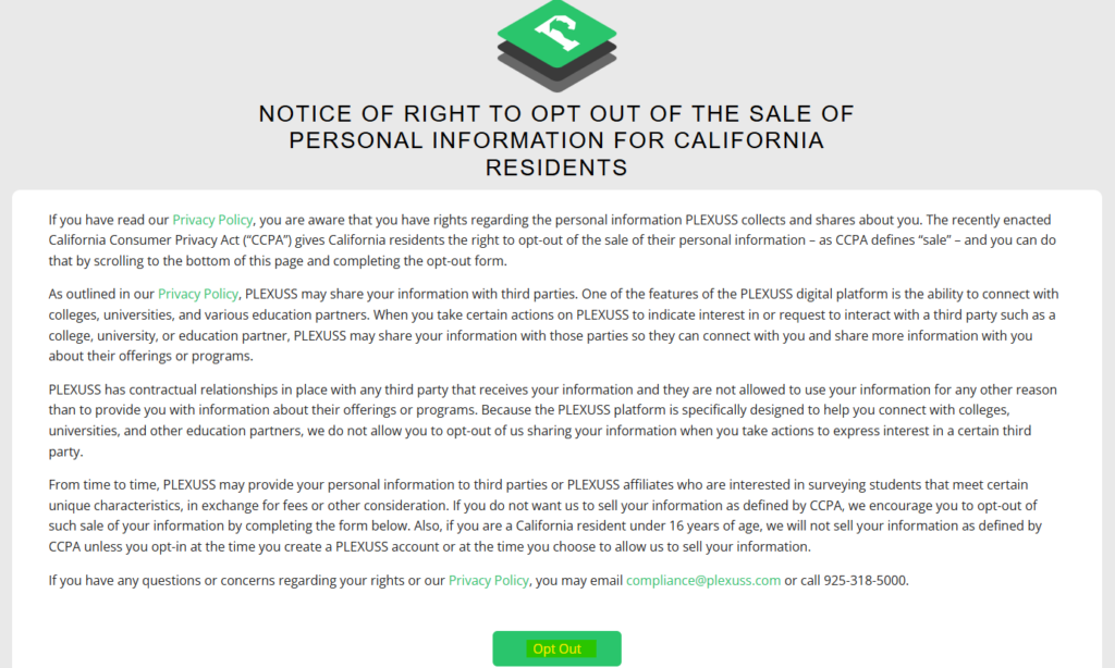 Plexuss Notice of Right to opt out of the sale of personal information for California residents