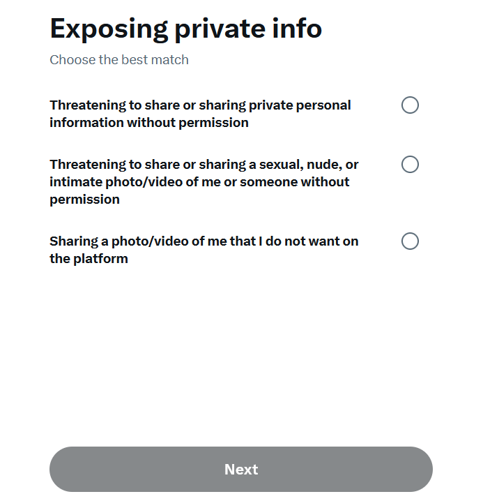 X/twitter option desktop menu for how your privacy was violated through the exposure of your private info