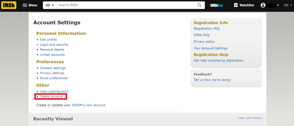 IMDb delete account link