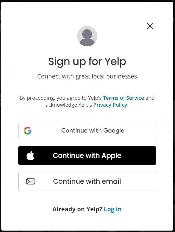 Yelp login options