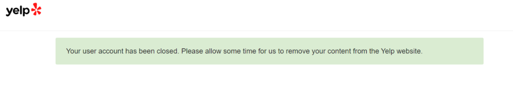 Yelp - message saying account has been closed