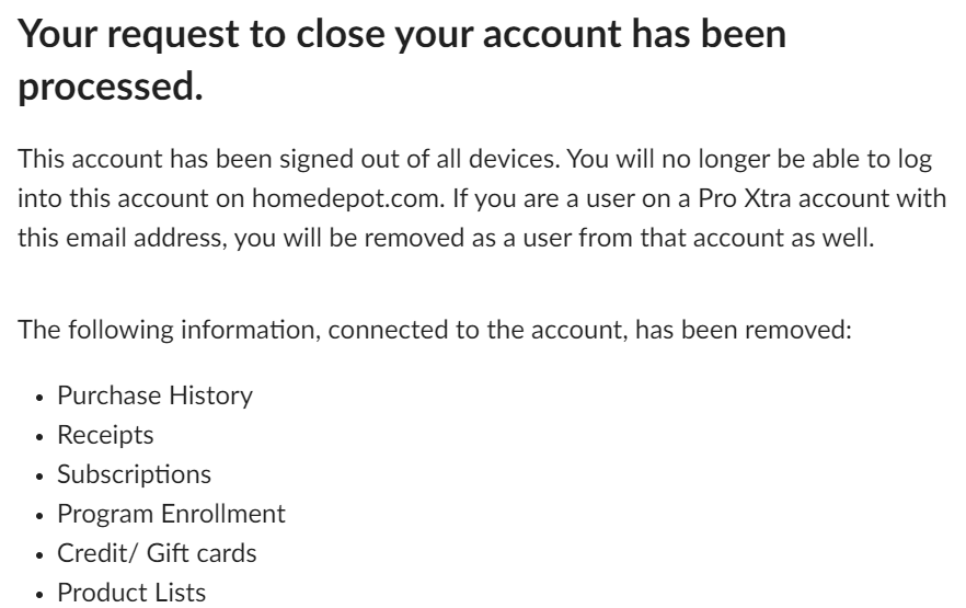 Home Depot - Your request to close your account has been processed