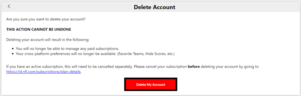 NFL Delete my account button