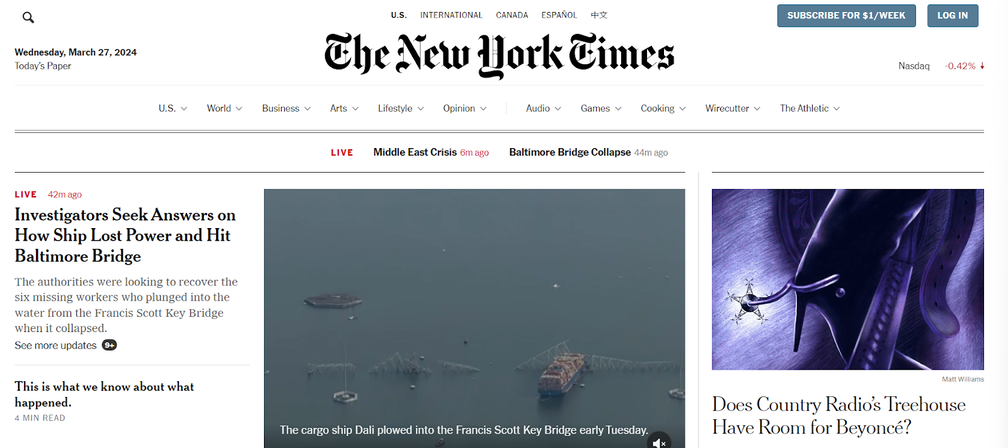 The New York Times homepage