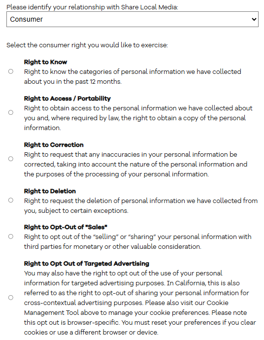 ShareLocalMedia opt out form select your privacy request