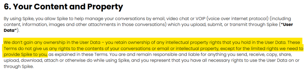Spike User Terms and Conditions 'Your Content and Property' section