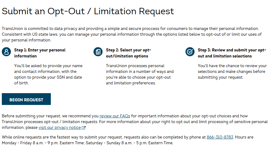 TransUnion "Submit an Opt-Out / Limitation Request" page