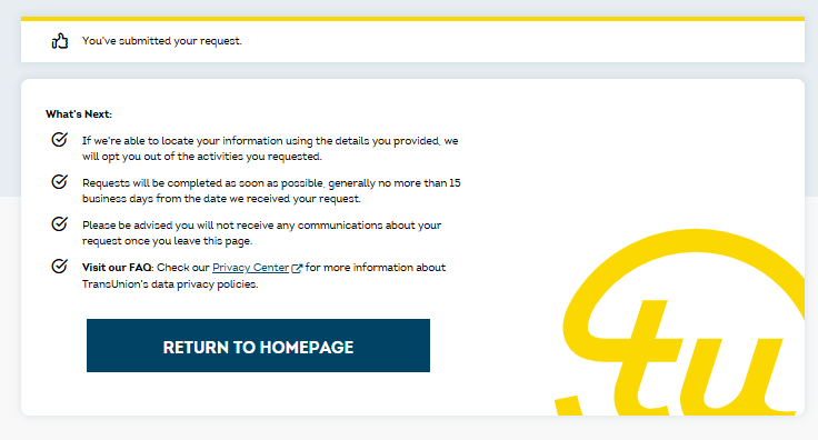 "You've submitted your request" message and information on what to expect next
