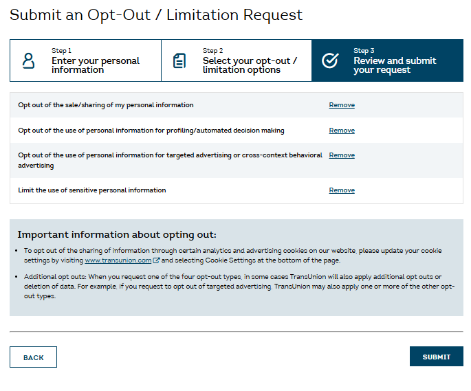 TransUnion review and submit your opt-out request page