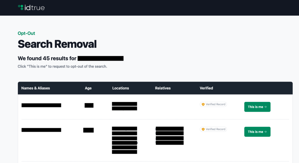IDTrue results list