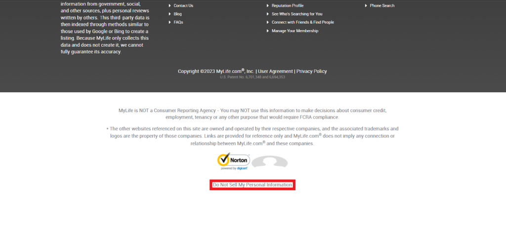 MyLife footer "Do Not Sell My Personal Information" link