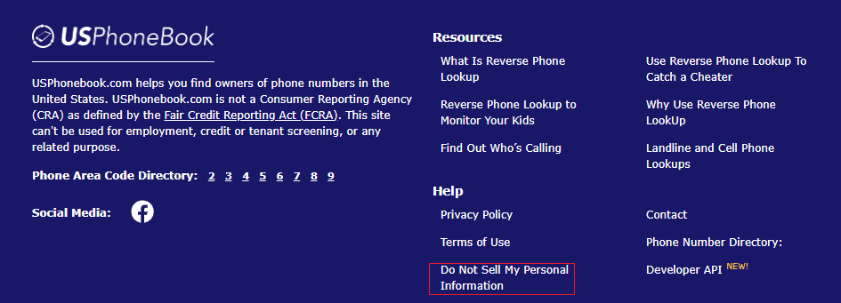 USPhoneBook footer - "Do Not Sell My Personal Information" link