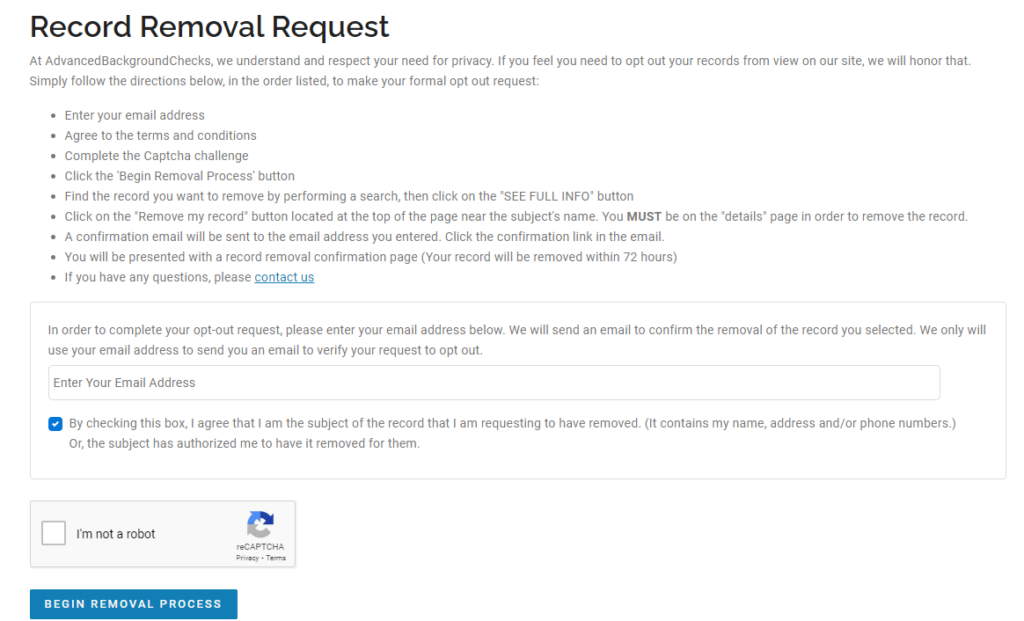 Advanced Background Checks record removal request