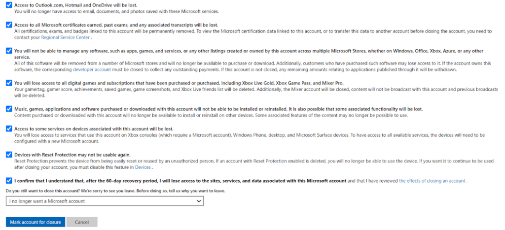 Mark Microsoft account for closure