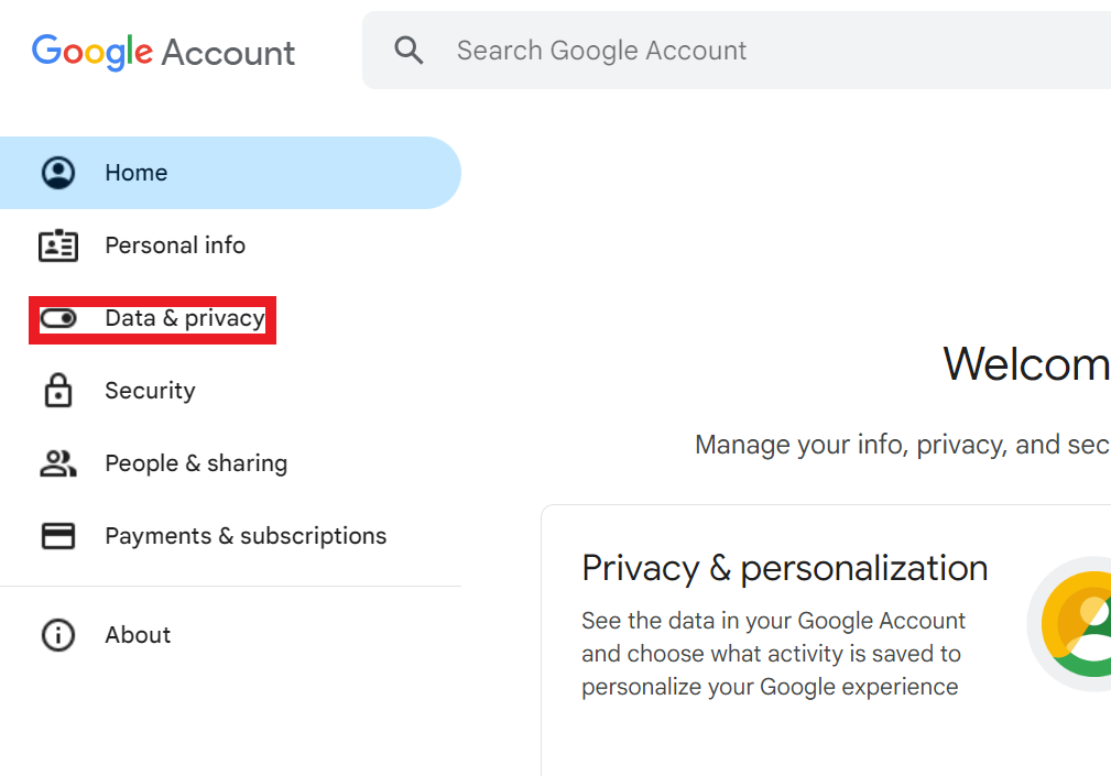 Google Account menu - Data & privacy option