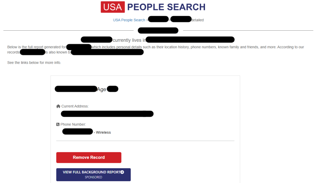 USA People Search profile and "Remove Record" button