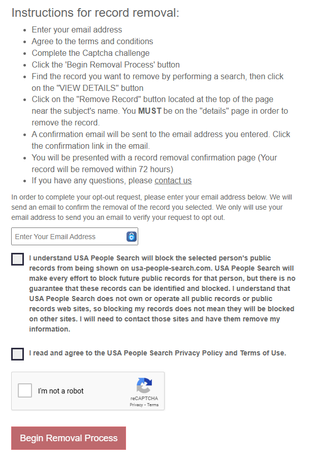 USA People Search instructions for record removal