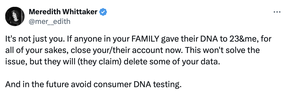 Meredith Whittaker X post about 23andMe bankruptcy and genetic data