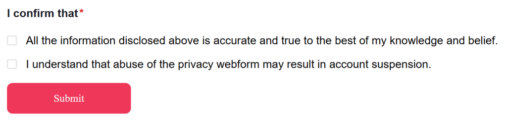 TikTok US privacy web form - confirmation that information shared is accurate