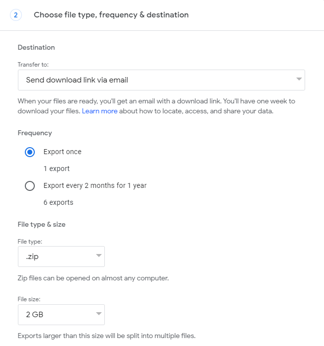 Choose file type, frequency, and destination for your personal data download in Google Takeout